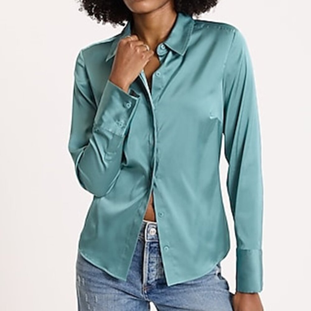 Teal Satin Fitted Portofino Shirt *NWT*